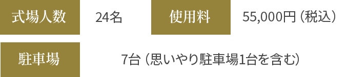 詳細情報　式場人数 24名　使用料 55,000円(税込)　駐車場 7台(思いやり駐車場1台を含む)
